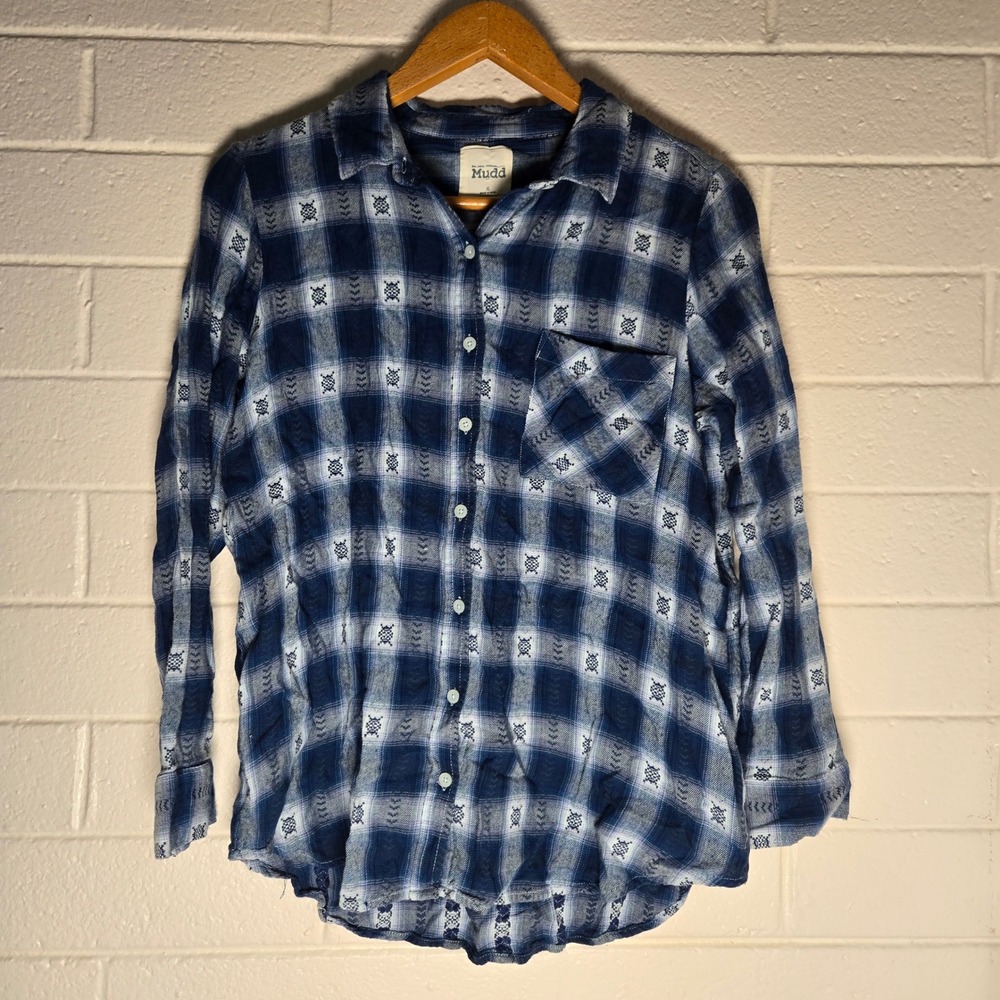 Mudd Womens Button Shirt Blue Plaid Embroidered XL Long Sleeve Pocket Western